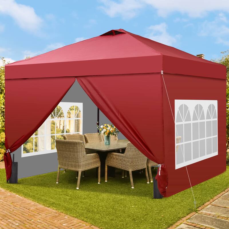 Ainfox 12x12 Pop Up Canopy Tent with 4 Sidewalls, Outdoor Beach Gazebos with 4 Sandbags - Red