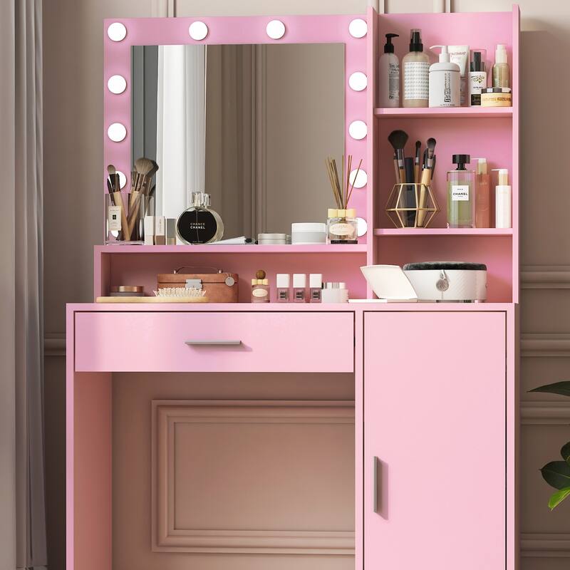 Vanity Desk with Mirror and Lights, Makeup Vanity with Drawer and Storage Shelves, Dressing Table with 3 Lighting Modes