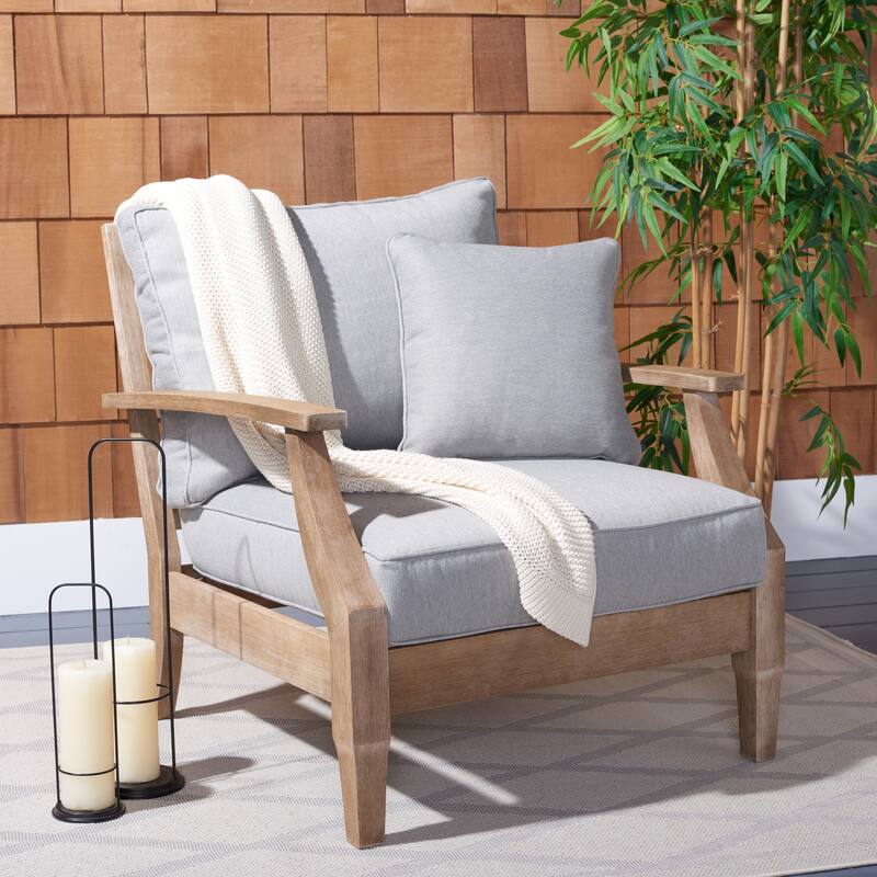 SAFAVIEH Couture Martinique Wood Patio Armchair. - 31.4" W x 35.6" L x 32.6" H - Natural/Grey