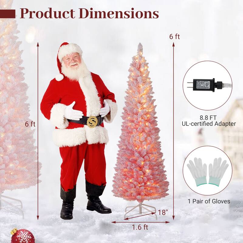 Gymax Pre-Lit Christmas Tree Slim Pencil Xmas Tree w/ Snow Flocked PVC