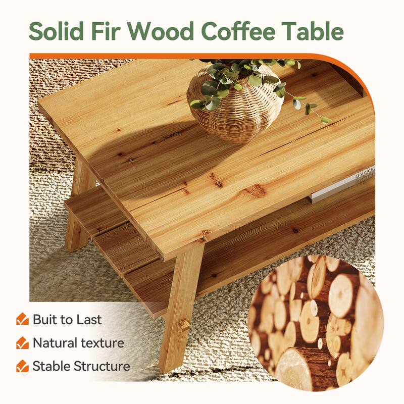 Solid Wood Coffee Table with Storage, Living Room Center Tea Table Accent Side Table