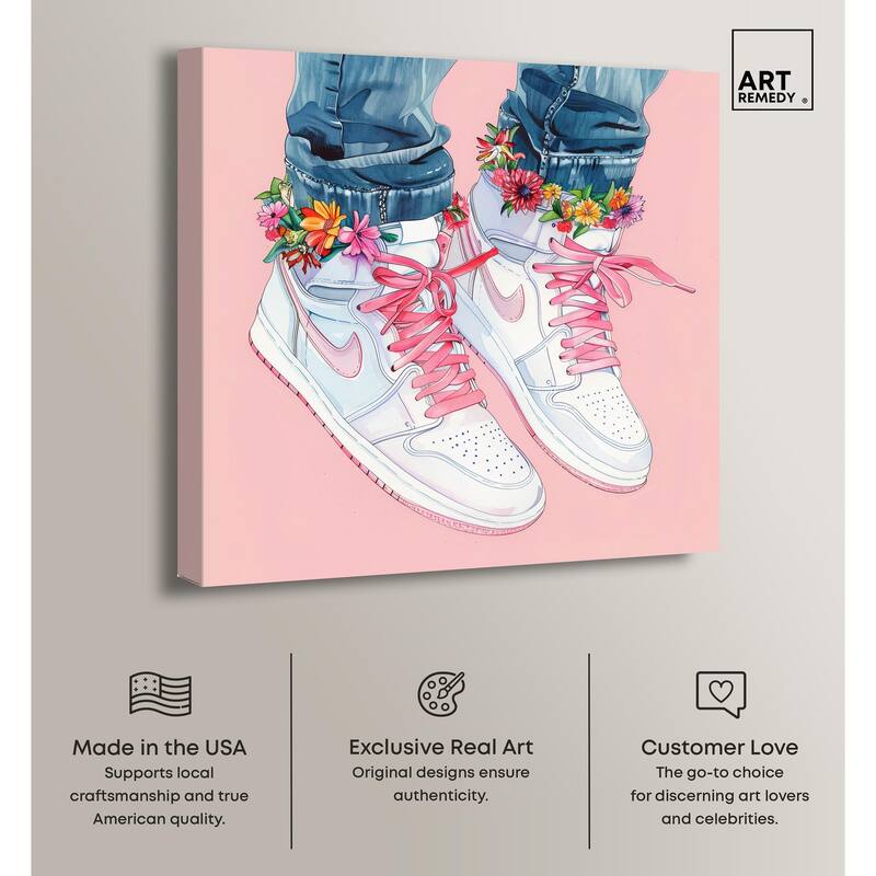 Blush Floral Bloom Sneakers Canvas by Art Remedy, Gallery Wrapped