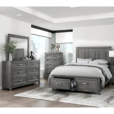 4pc Bedroom Set Platform Bed Dresser Mirror Chest Storage Gray Finish Furniture