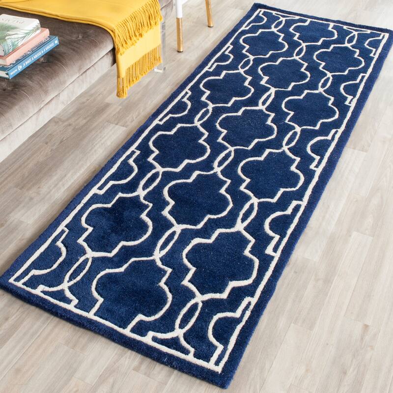 SAFAVIEH Handmade Chatham Nazzarena Modern Moroccan Wool Rug - 2'3" x 9' Runner - Dark Blue/Ivory