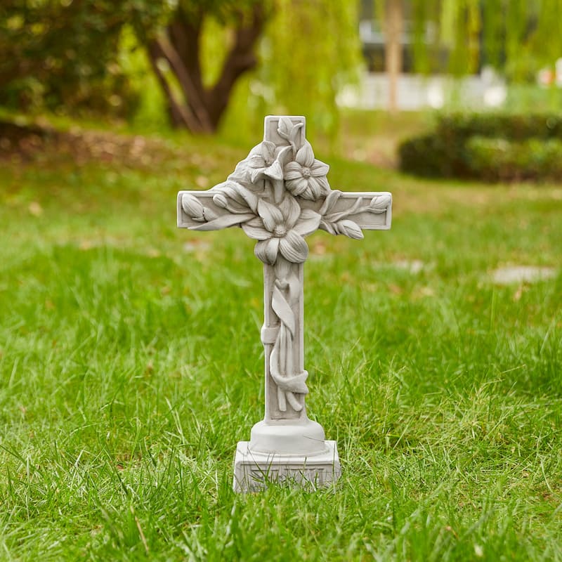 Glitzhome 21"H MGO Holy Christian Cross with Lily Garden Statue for Outdoor Indoor Christ Decor Sculpture