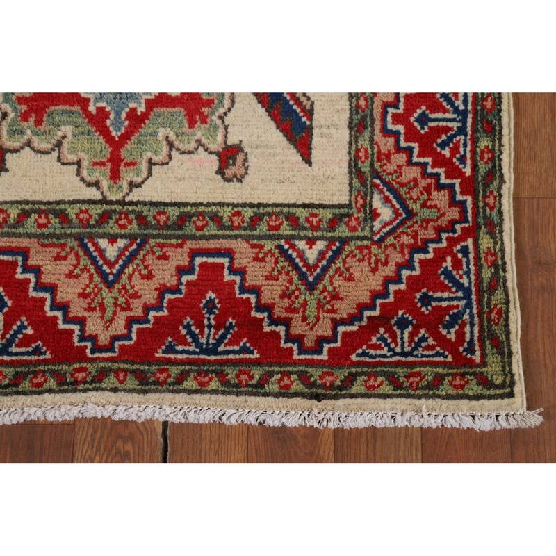 Hand Knotted Oriental 100% Wool Carpet Traditional Geometric Beige & Ivories Kazak Runner Rug - 12' 8'' X 2' 9''