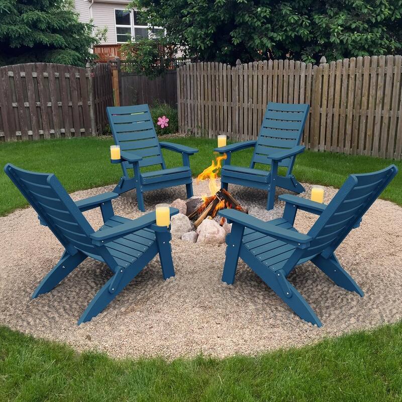 WINSOON HIPS Folding Adirondack Chairs with Arc Back & Cup Holder Set Of 4 - Navy