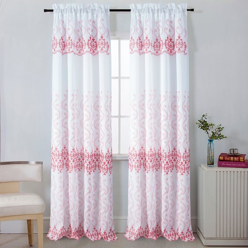 Porch & Den Easterday Damask Embroidered Rod Pocket Single Curtain Panel - 54 x 90 in.