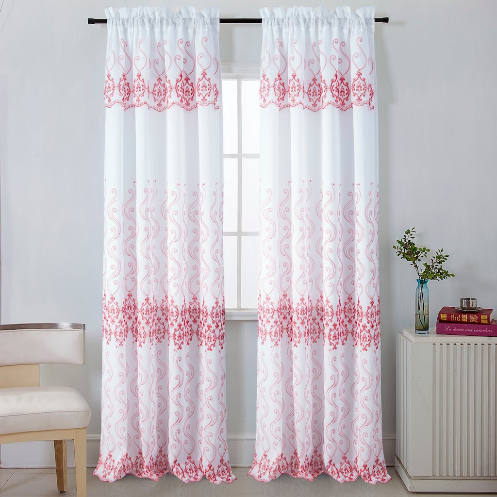 Porch & Den Easterday Damask Embroidered Rod Pocket Single Curtain Panel - 54 x 90 in.