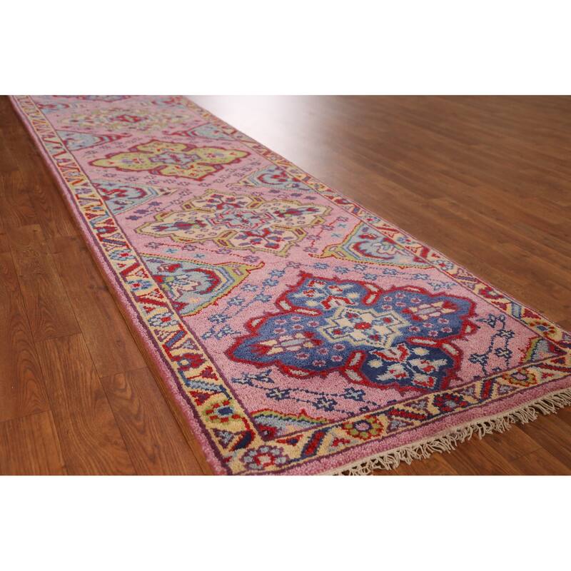Pink Geometric Heriz Serapi Indian Runner Rug Handmade Wool Carpet - 2'8" x 9'9" - Pink - 2'8" x 9'9"