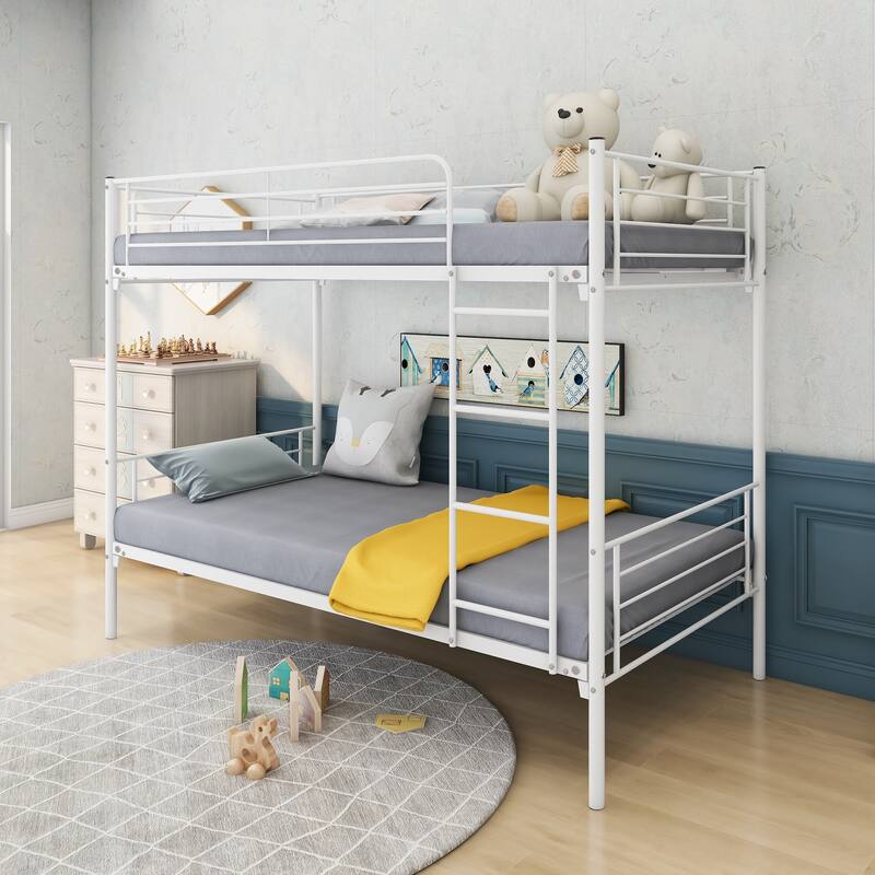 Space-Saving Twin-Over-Twin Metal Bunk Bed with Ladder and Storage, White