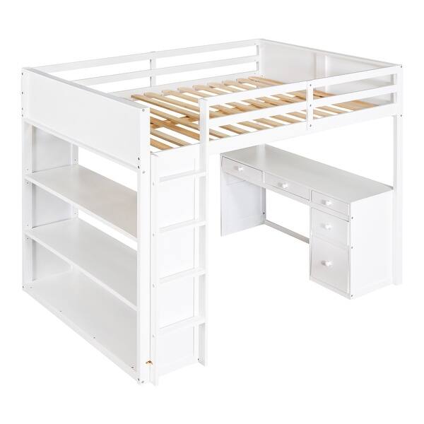 slide 2 of 22, Multi-function Full Size Wood Loft Bed with Desk,3 Shelves and 4 Drawers White