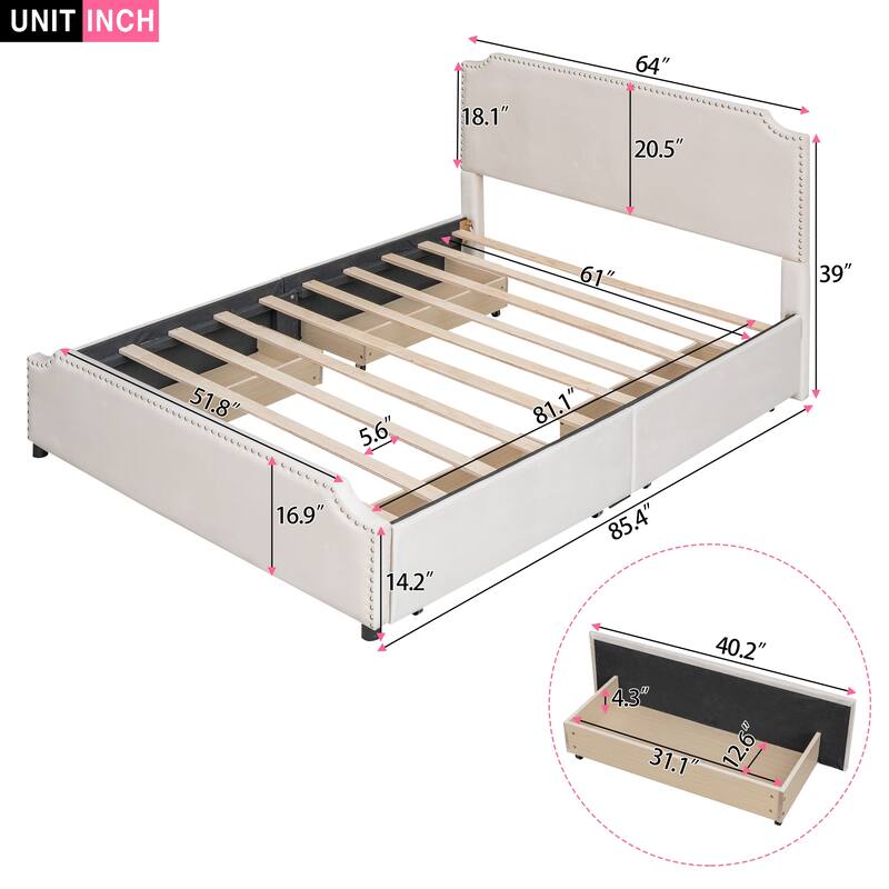 Upholstered Platform Bed with Stud Trim Headboard and Footboard and 4 Drawers No Box Spring Needed, Velvet Fabric, Queen Size