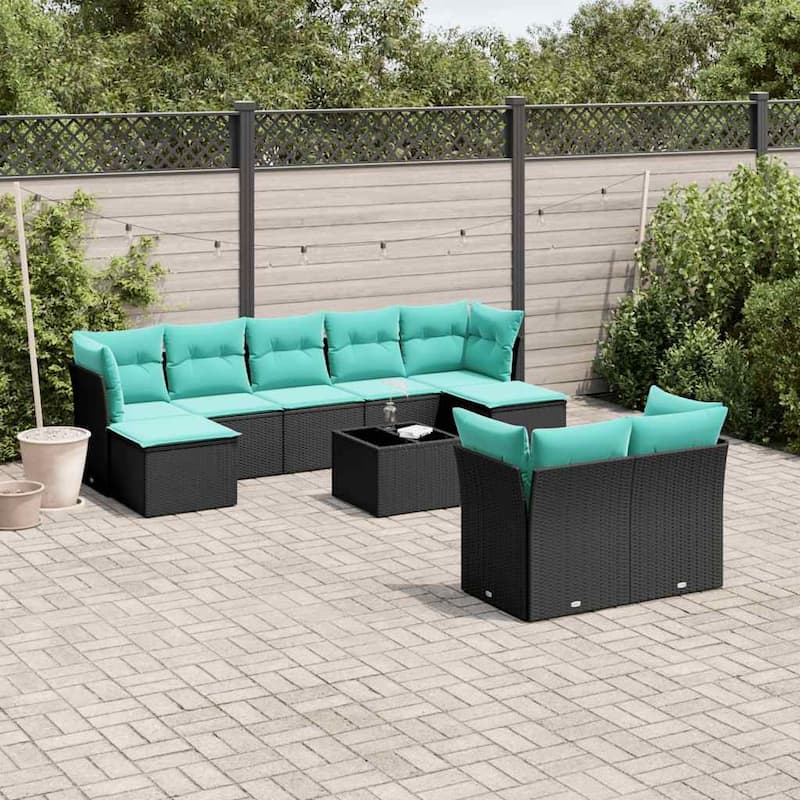 vidaXL 9 Piece Patio Sofa Set with Cushions Black Poly Rattan - Black - 24.4x27.2x24.4-With table