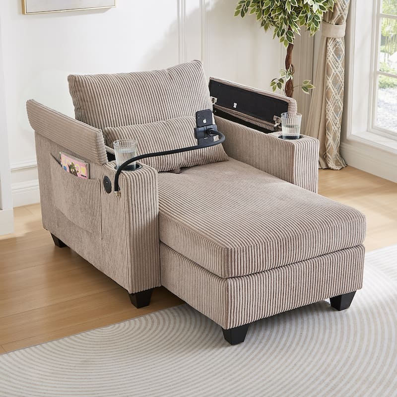 Convertible Chaise Lounge 37.4" Sofa Chair Sofa Bed Corduroy Sleeper Sofa with USB Ports, Two Cup Holders - Brown
