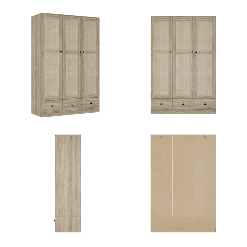 Large Storage Wardrobe Versatile Rattan Door Closet with Deep Drawers