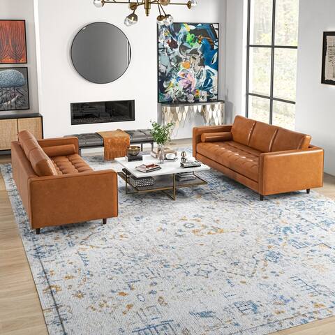 Terman Mid-Century Modern Furniture Top Grain Leather Sofa Set in Tan