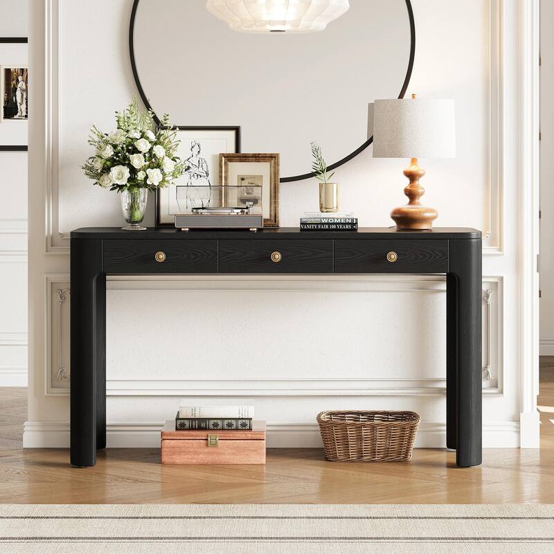 Rustic Console Table with Curved Corners for Safety - Entryway Table with 3 Concealed Drawers