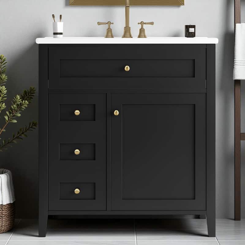 30-Inch Bathroom Vanity with Sink, MDF and Solid Wood Cabinet, 3 Drawers and Adjustable Shelf, Freestanding Design - Black