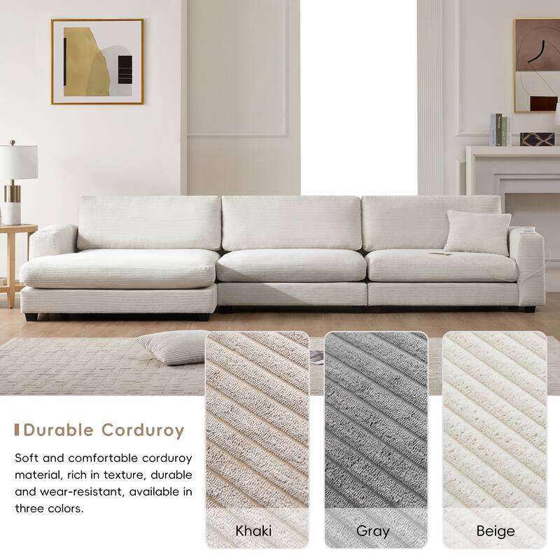 134" Corduroy Sectional Sofa with L-Shaped Cloud Couch and USB Charging & 50" Chaise (330lb Capacity)