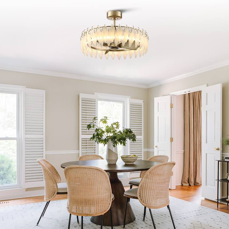 32" Rusted Silver Glass Feather 3-Blade Fandelier Caged Ceiling Fan with Light and Remote