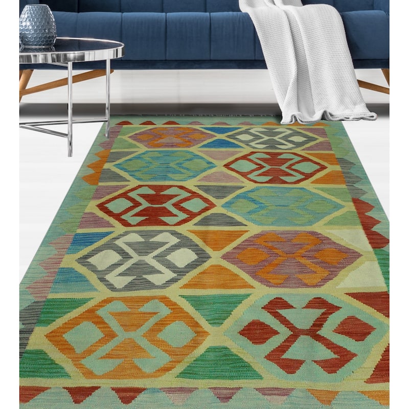 Sangat Flatweave Mariann Blue/Burgundy Rug - 4'1" x 5'10"