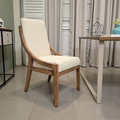 Ale Dining Side Chair Set of 2, Ivory Fabric, Natural Brown Pine Wood