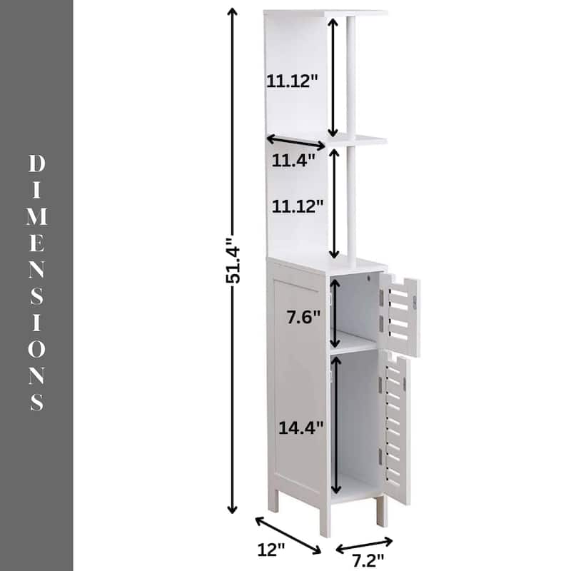 Miami White Slim Bathroom Storage Cabinet Open Shelves Two Doors - 51.4"H x 7.2"L 12"W