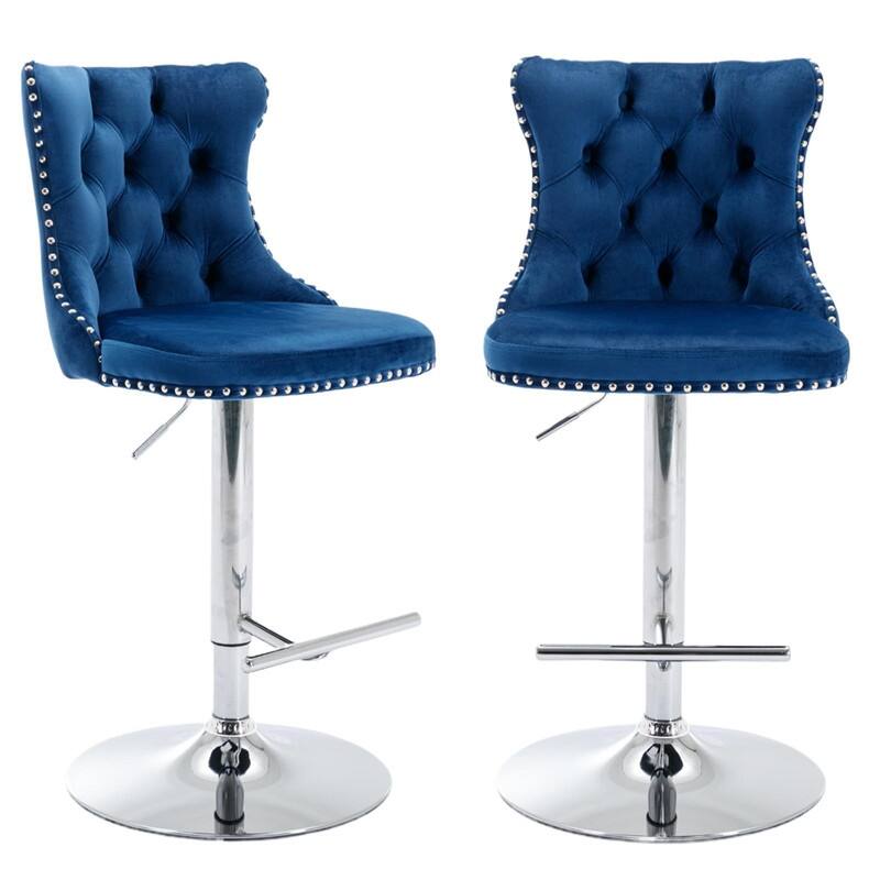 Velvet Upholstered Nailheads Tufted Swivel Bar Stools (Set of 2)