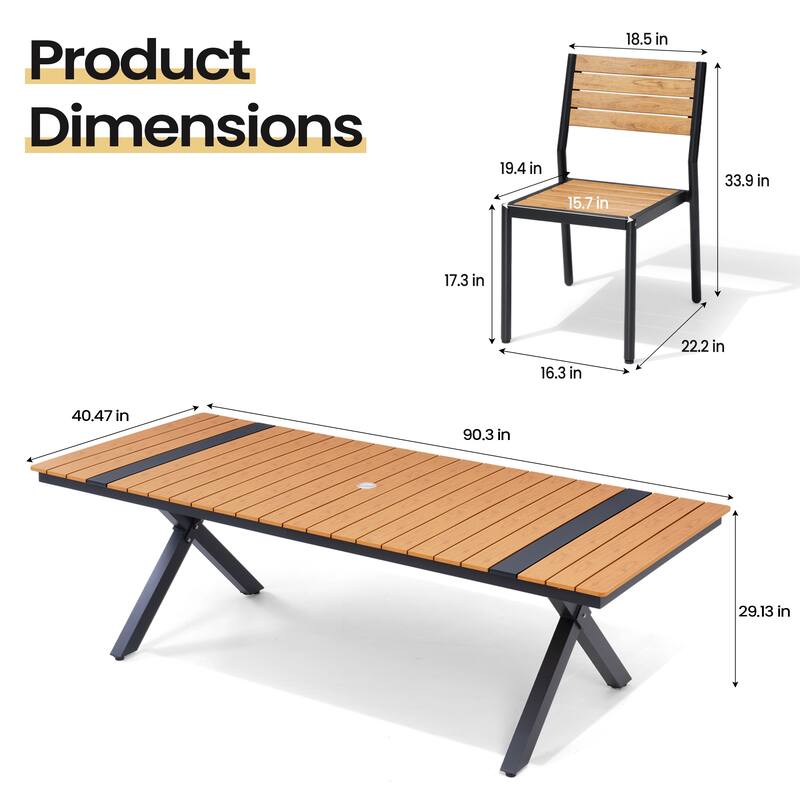 9PC Outdoor Patio Aluminum Dining X Frame Table and Stackable Chairs Set with Umbrella Hole