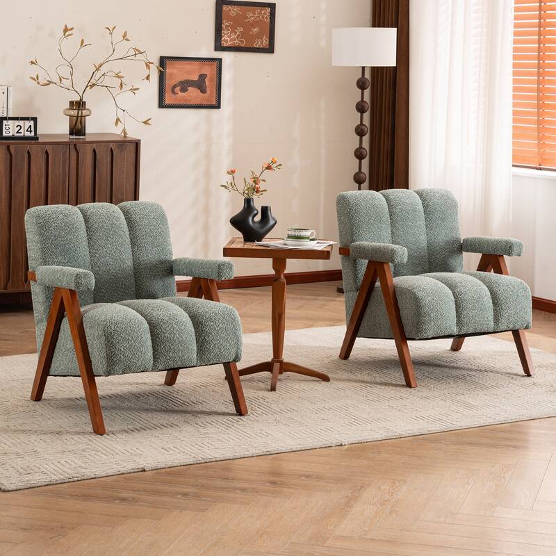 Mid Century Modern Accent Chair, Chenille Armchair with Solid Wood Legs, Channel Tufted Comfy Reading Chair for Living Room