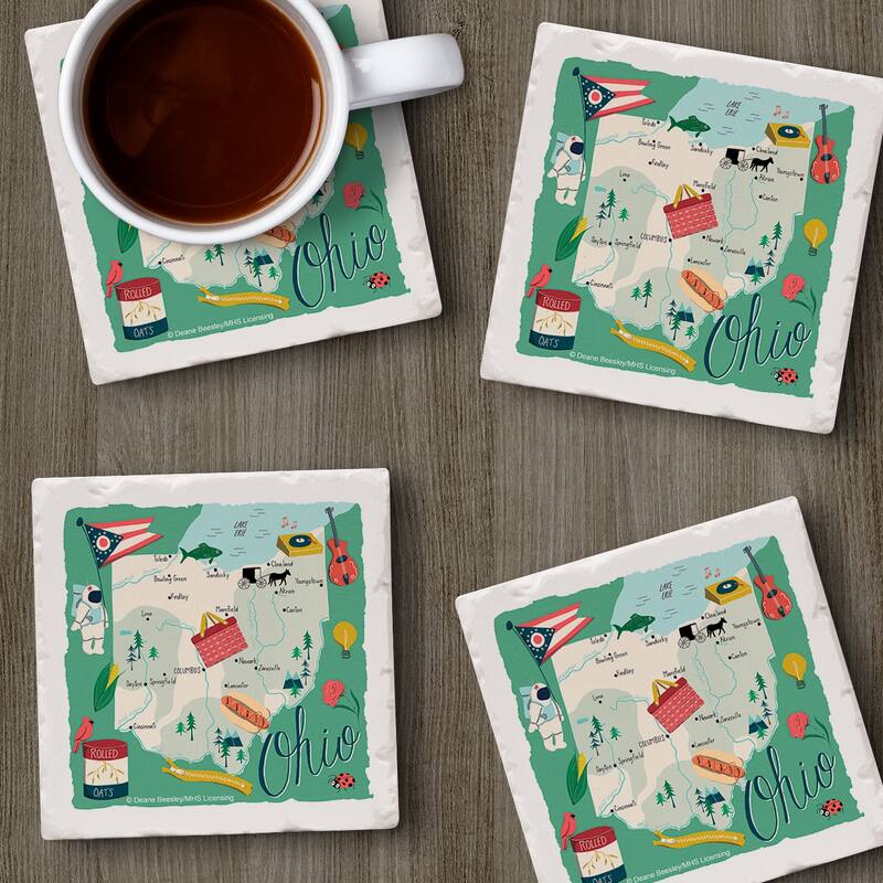 Ohio 4-Pack Absorbent Stone Coasters with Protective Cork Backing 4" Square Manufactured in The USA Artistic Easily Wipes Clean
