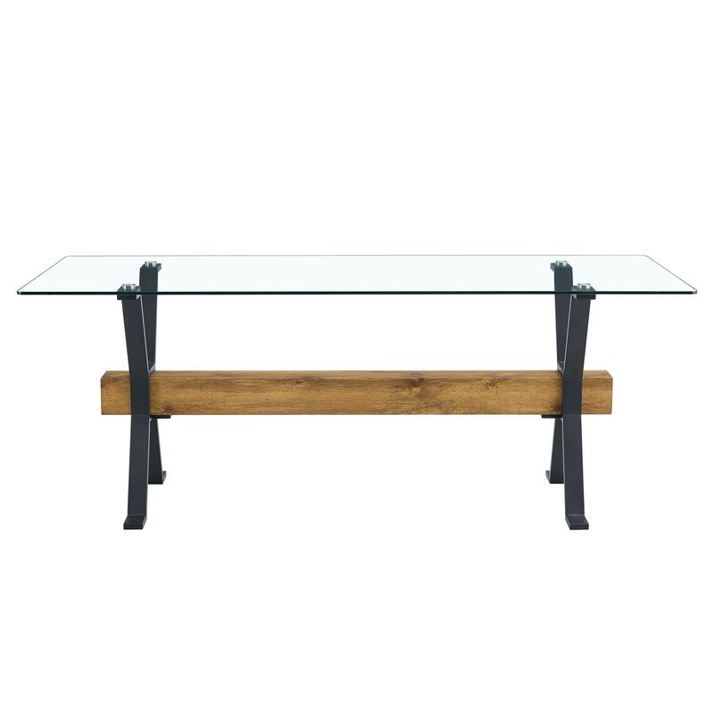 Elegant Transparent Tempered Glass Dining Table,With X-Shaped Metal Table Legs,Wood Grain Textured Mdf Crossbeam