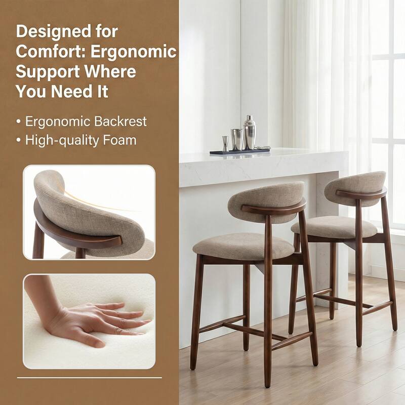 Mid-Century Modern Upholstered Bar Stools Counter Height Wooden Bar Chairs with Backrest Footrest