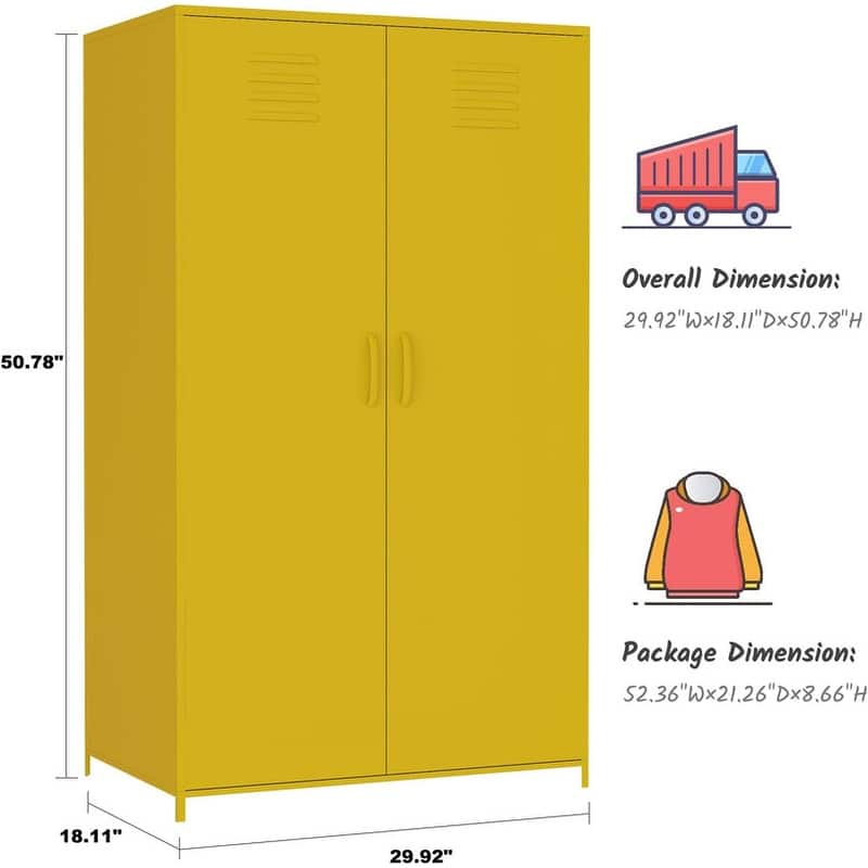 Double Doors Metal Locker Cabinet Storage with Hanging Rod and Shelves for Bedroom School Classroom