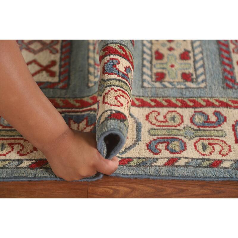 Light Blue Traditional Kazak Runner Rug Hand-Knotted Wool Carpet - 3'1" x 16'5"