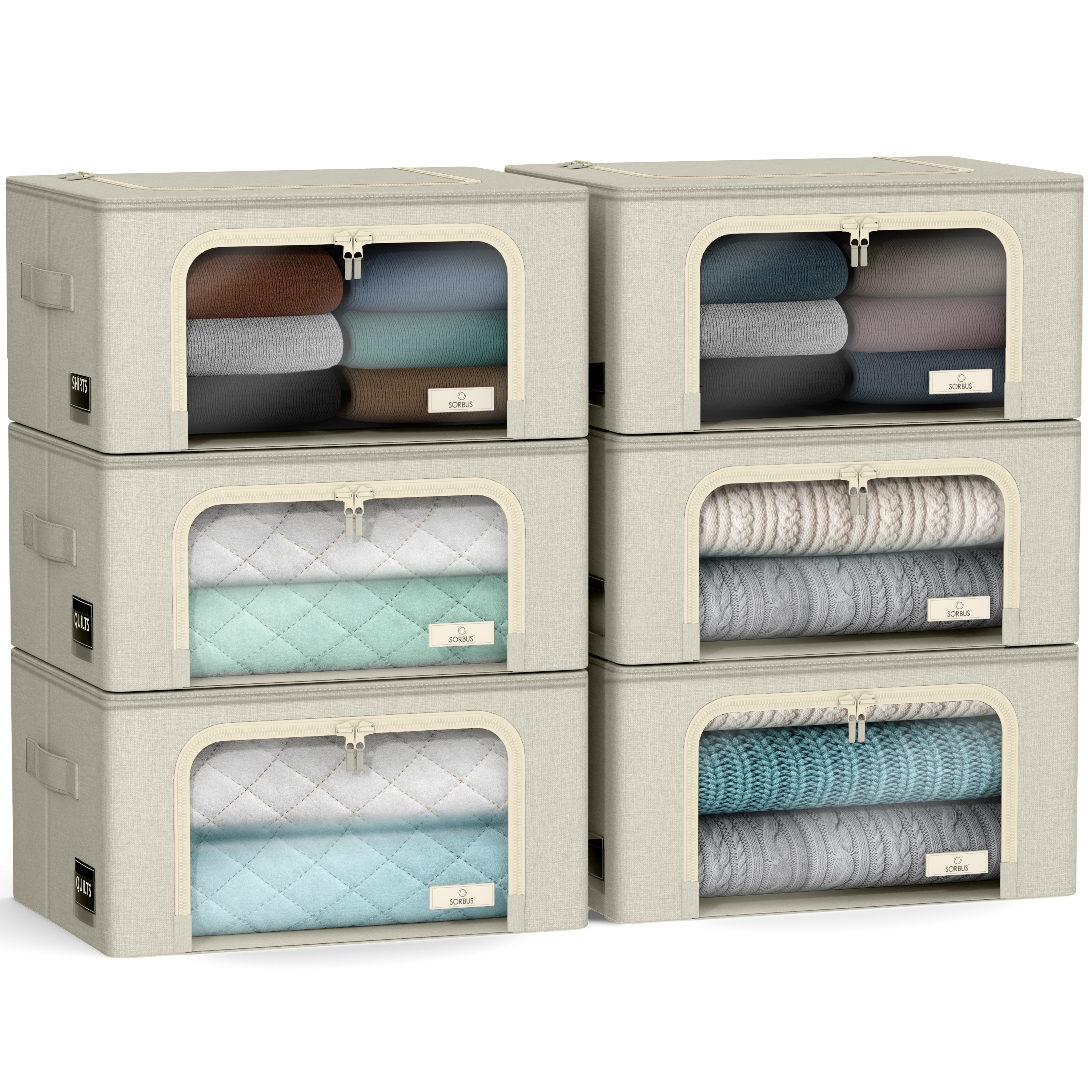 Sorbus Closet Storage Bins with Metal Frame, Window, & Carry Handles - Stackable & Foldable Clothes Organizer Bags - 6 Pack
