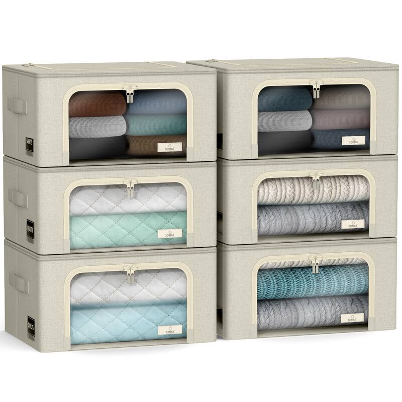 Sorbus Closet Storage Bins with Metal Frame, Window, & Carry Handles - Stackable & Foldable Clothes Organizer Bags - 6 Pack - Beige - 12” L X 15.75" W X 8” H