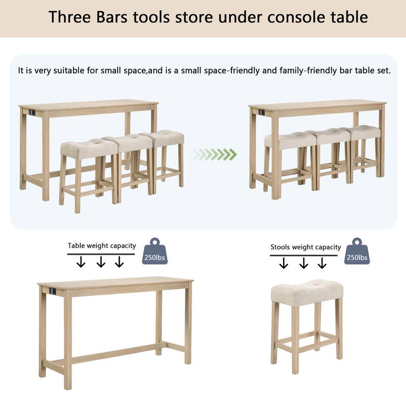 GDFStudio - Calverly 4-Piece Industrial Bar Table Set with USB Power Station and 3 Linen Upholstered Stools