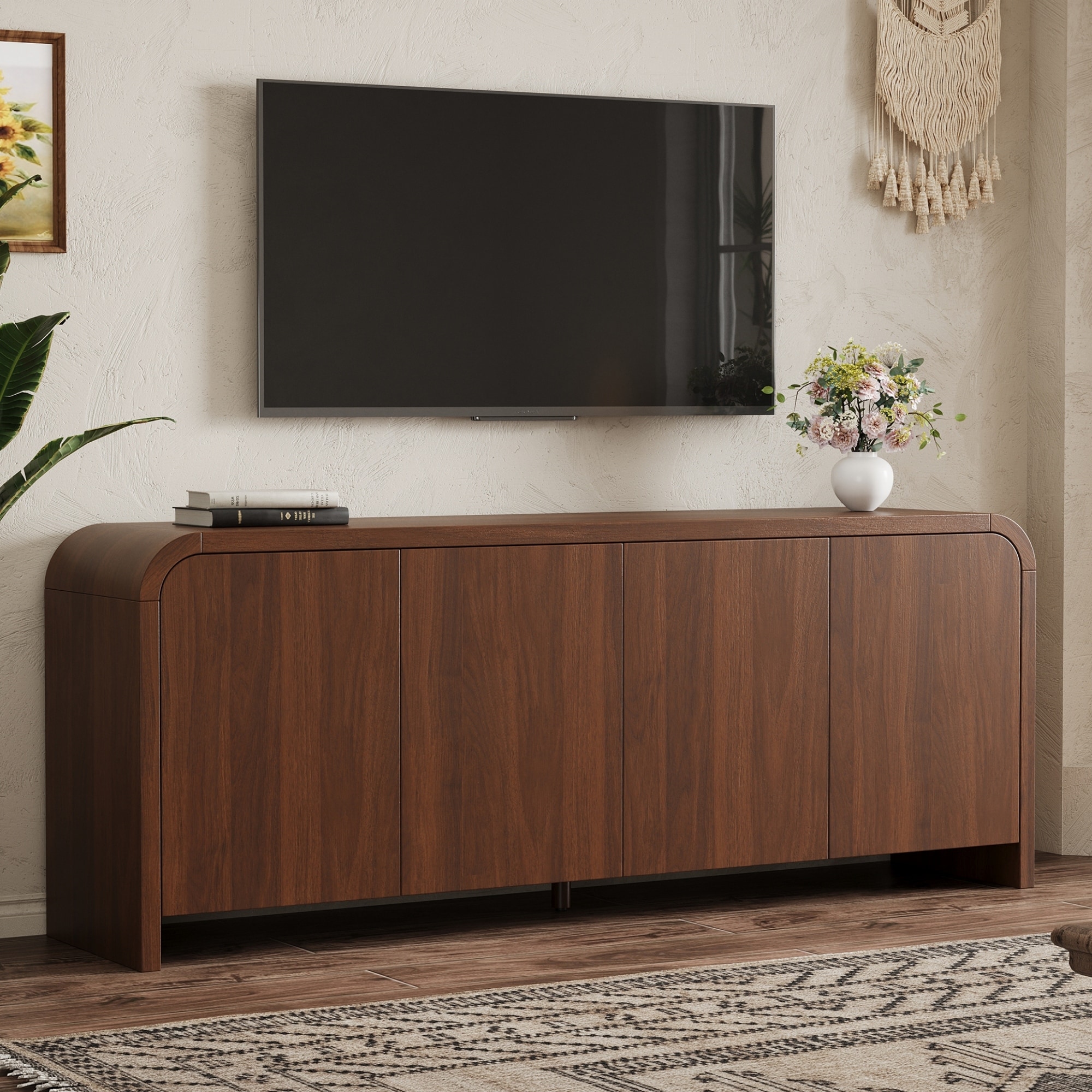 Farmhouse Curved Edge TV Stand with Large Cabinets for TVs up to 70", Media Console with Cable Management, Adjustable Shelves