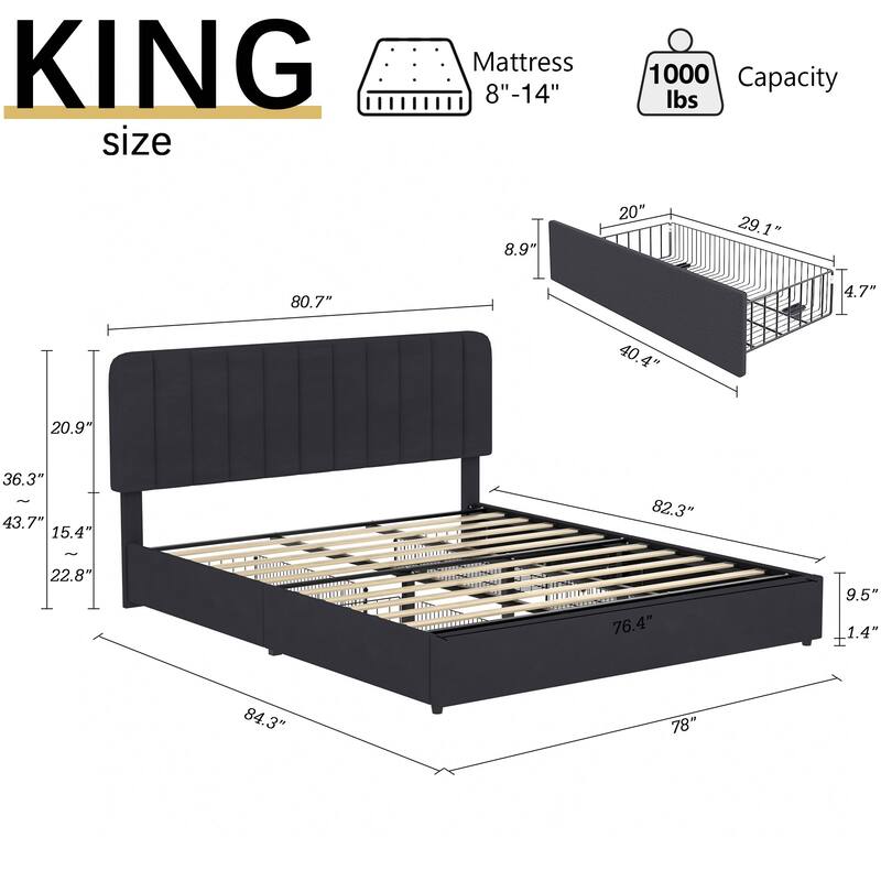 Javlergo Upholstered Platform Bed Frame with Storage Drawers and Adjustable Headboard, No Box Spring Needed