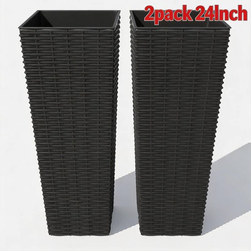 2 Pack 32-in Tall Rattan-Style Planters with Removable Liners and Drainage Hole with Belt Tray Black - 24-in