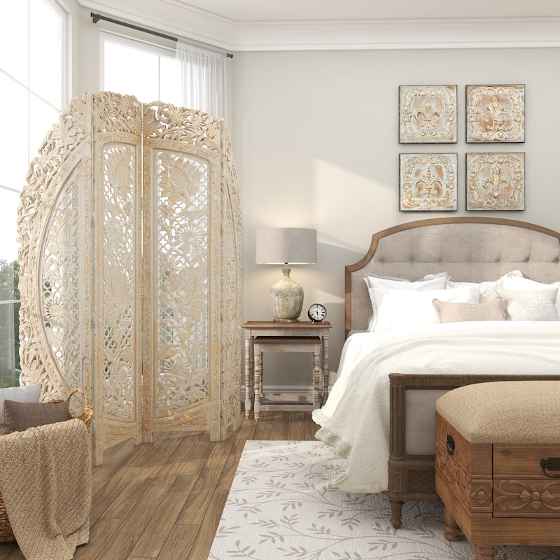 Wood Floral Handmade Foldable Arched 4 Panel Room Divider Screen with Intricately Carved Designs - White - Roche River Decor