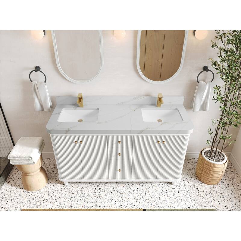 Willow Collections 60 in. W x 22 in. D Reeded Miami Double Bowl Sink Bathroom Vanity with Countertop - 2"Calacatta Sienna - White