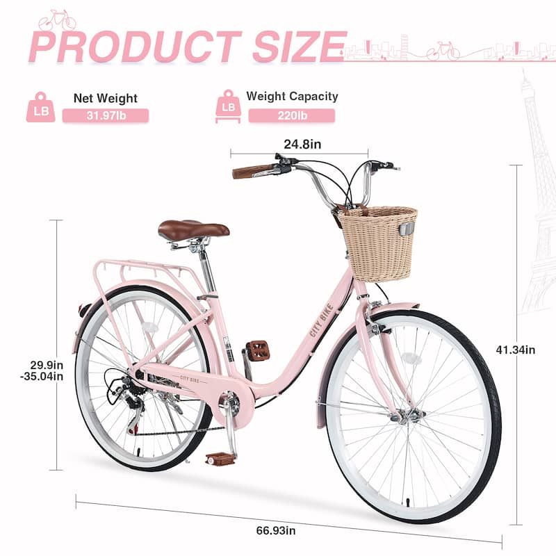 26 Inch Road Cycling Bicycle, Shimano 7 Speed City Bike with Basket and Dual V-Brake, Low Step-Thru Steel Frame for Teens