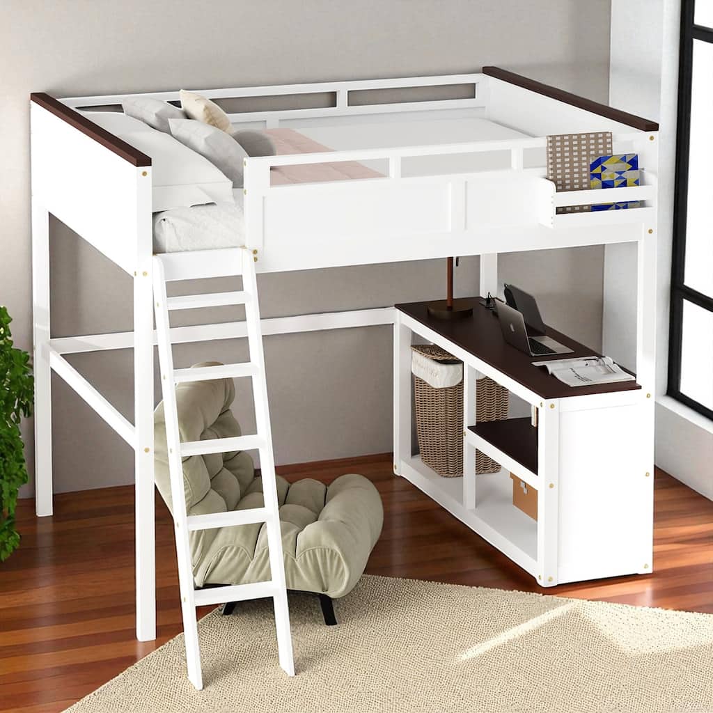 Queen Size Loft Bed with Desk, Open Shelves, Storage Box, USB Charging Station, White Wooden Loft Bed Frame