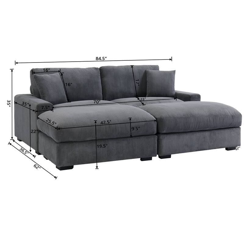 Corduroy Deep Seat Sectional Sofa with Ottoman Chaise and Pillows