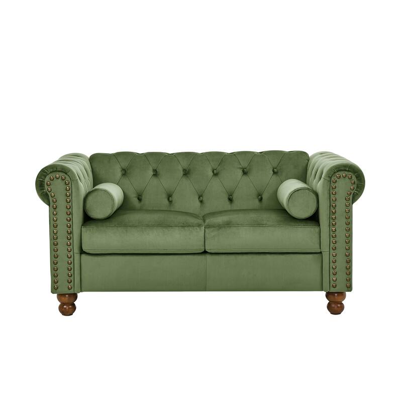 74.5'' Velvet Sofa with Button Tufting, Nailhead Detailing, and Turned Wooden Legs