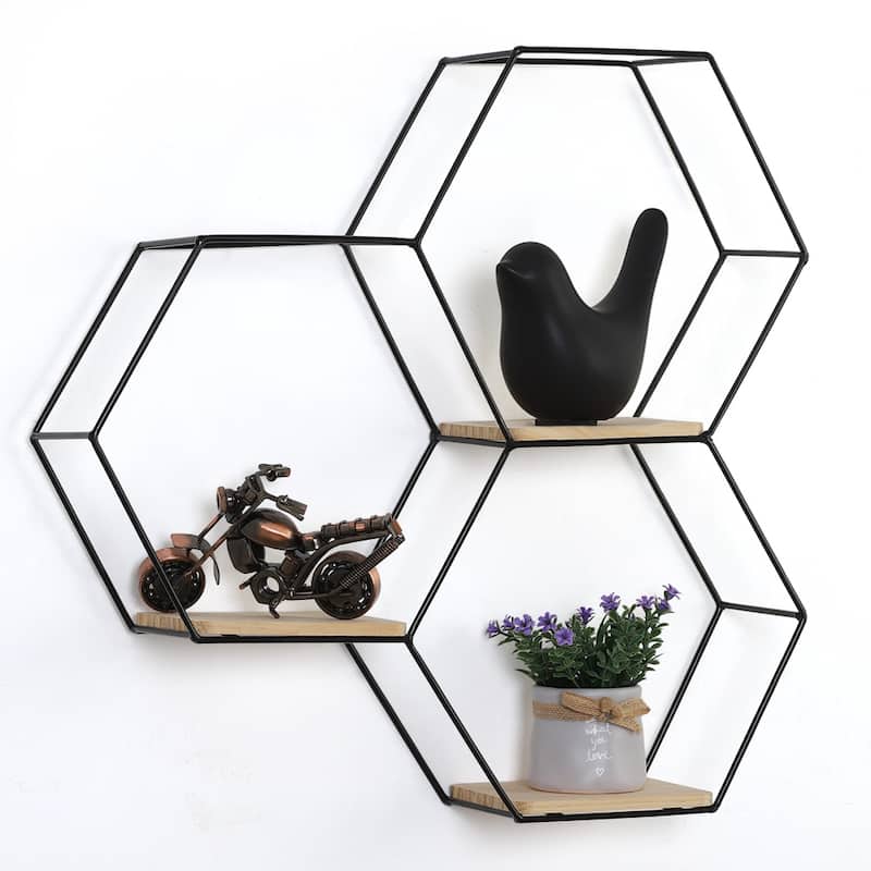 3.7" x 12.5" x 16" Hexagon Metal Modern Floating Shelf, Black