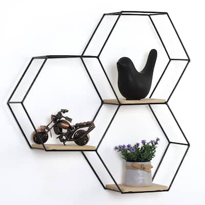 3.7" x 12.5" x 16" Hexagon Metal Modern Floating Shelf, Black